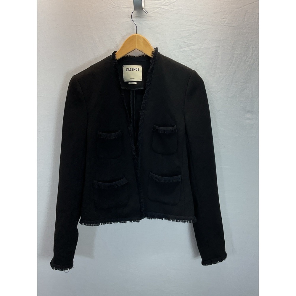 L'AGENCE Black Cotton Blnd Knit Fringe Open Front Jacket Size 2 Office Casual